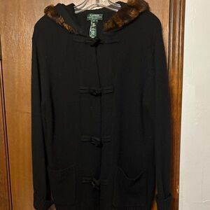 Lauren Ralph Lauren cashmere Black Coat with brown Faux Fur Trim
